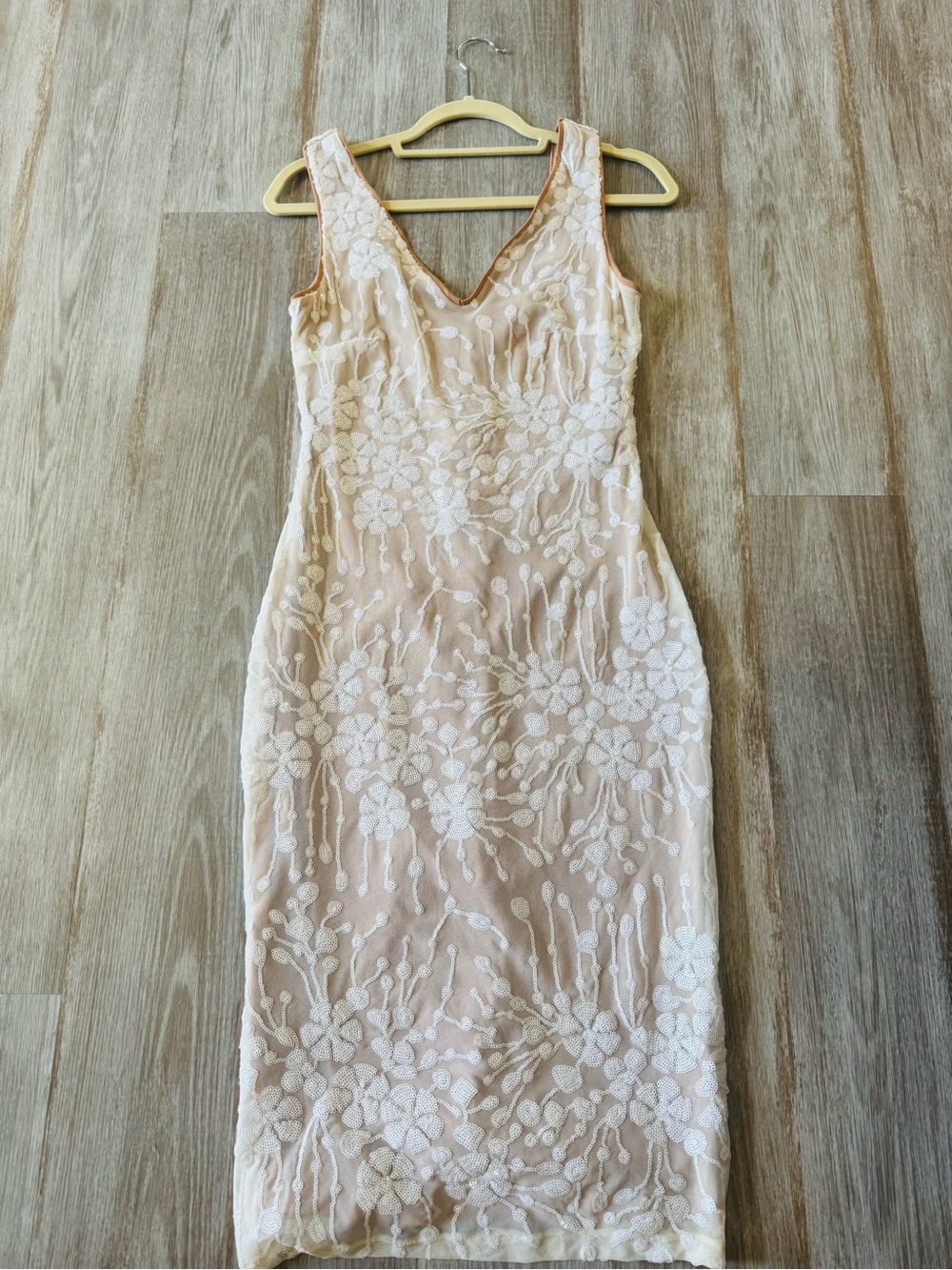 SHEIN Nude Midi Dress with White Floral Lace Overlay